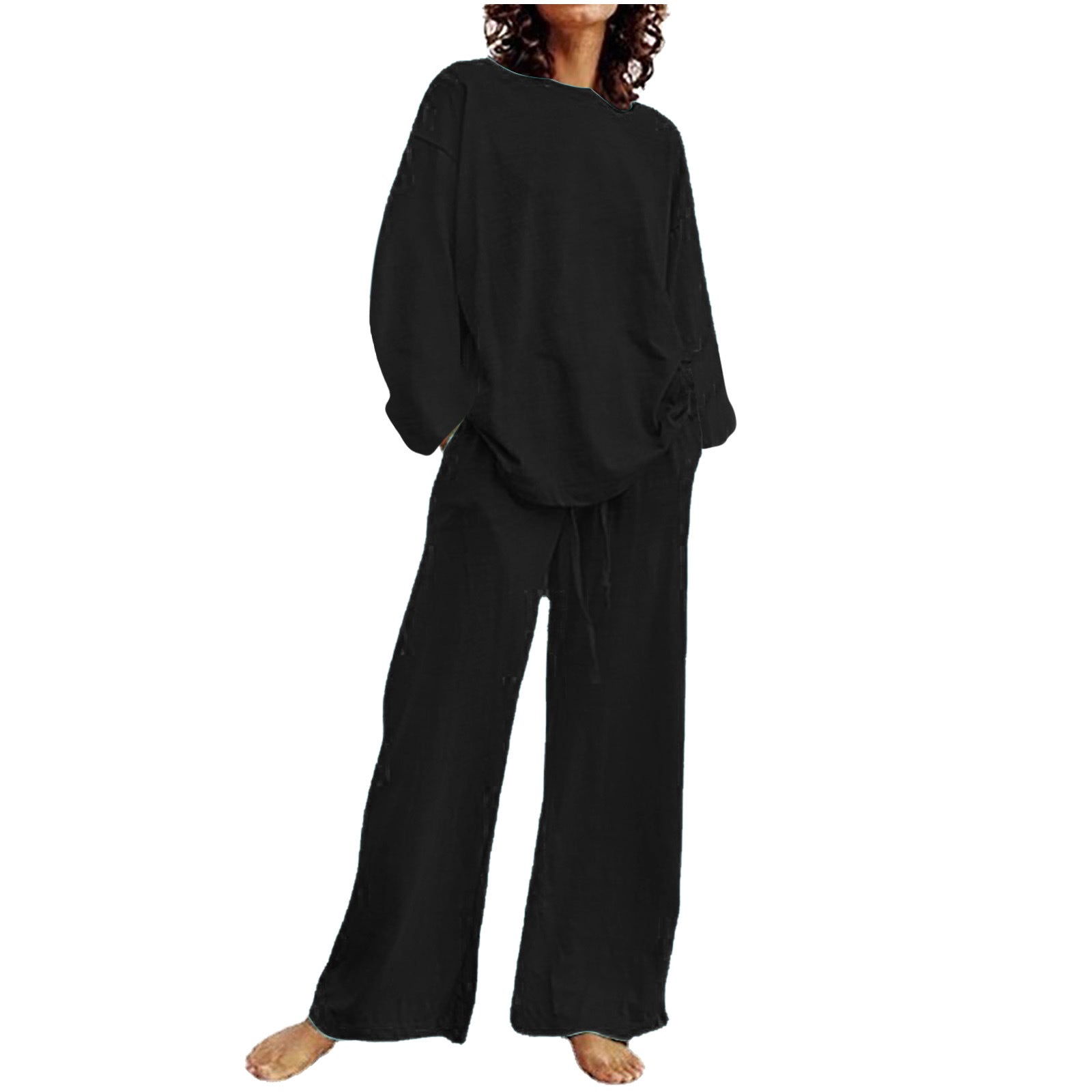2024 European and American Cross-Border New Cotton and Linen Solid Color Two-Piece Suit Round Neck Long-Sleeved Top Drawstring Wide-Leg Long Style