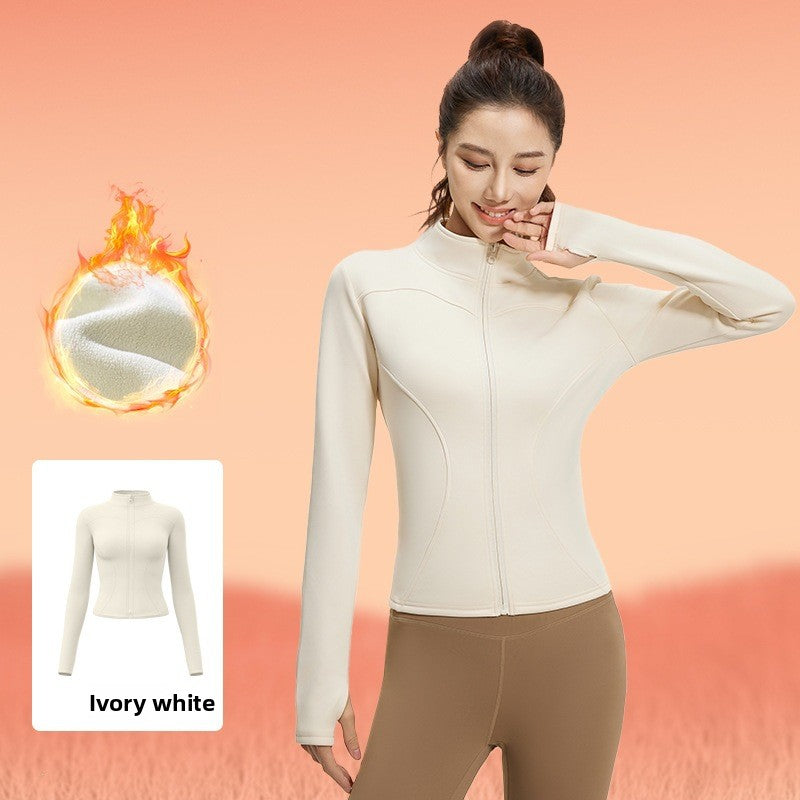 Women's fitted stretch yoga top with a stand-up collar