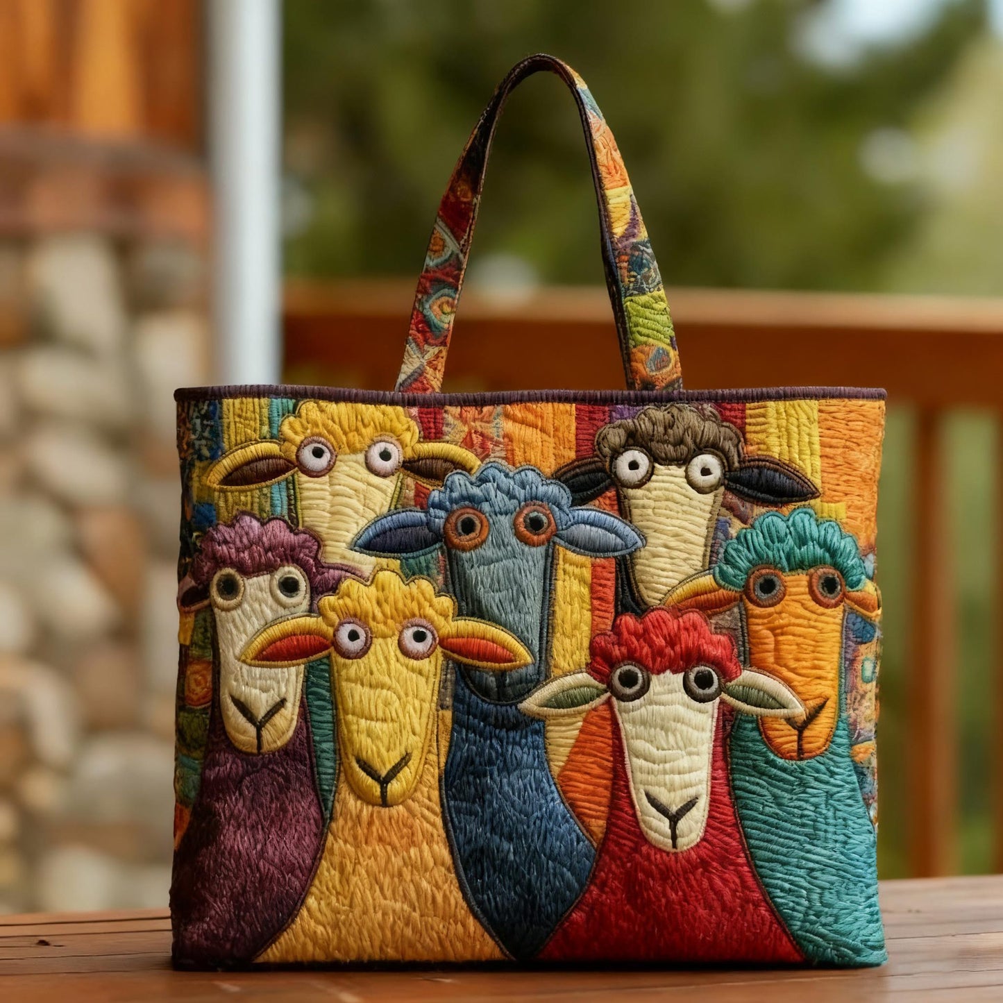 Handmade Embroidered Quilted Tote Bag with Jungle Animal and Book Patterns