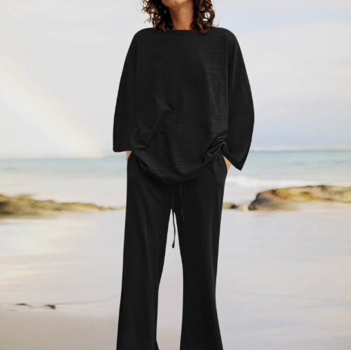 2024 European and American Cross-Border New Cotton and Linen Solid Color Two-Piece Suit Round Neck Long-Sleeved Top Drawstring Wide-Leg Long Style
