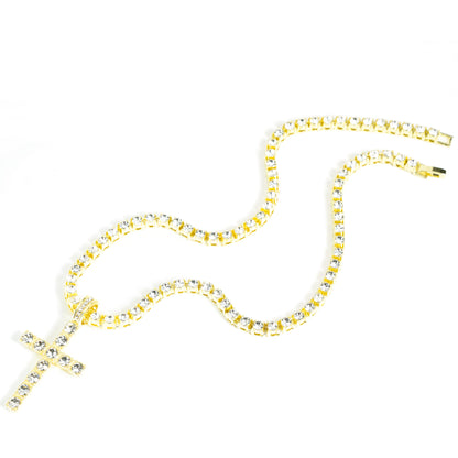 Hip Hop Rhinestone Cross Pendant Necklace 4mm Chain Unisex