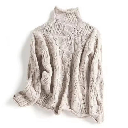 Loose Ribbed Cable Knit Sweater High-Neck Thickened Knitted Sweater for Women