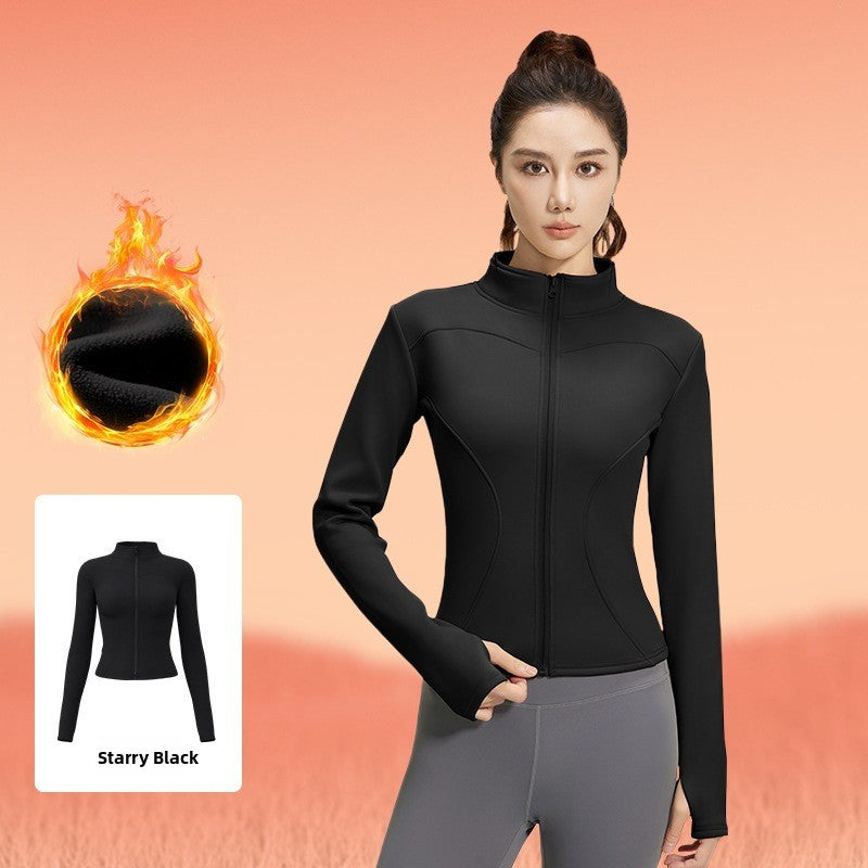 Women's fitted stretch yoga top with a stand-up collar
