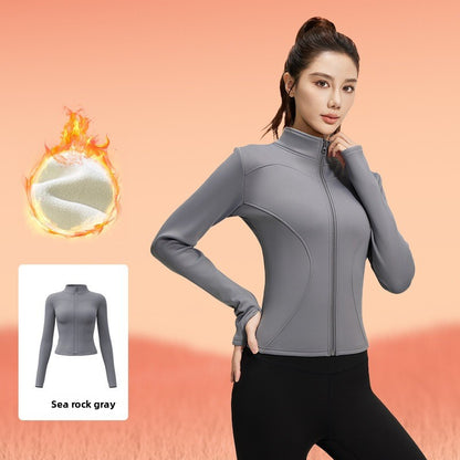 Women's fitted stretch yoga top with a stand-up collar