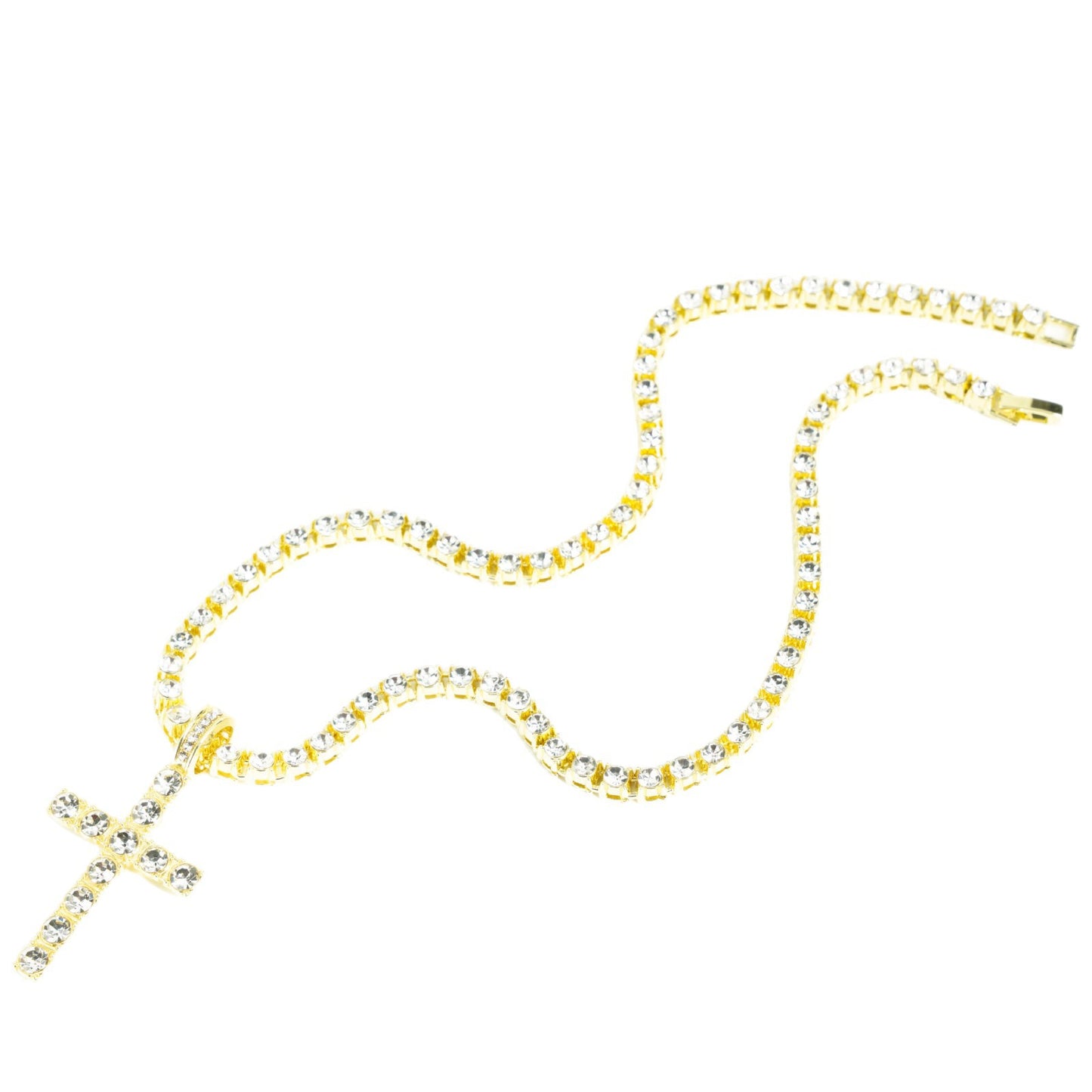 Hip Hop Rhinestone Cross Pendant Necklace 4mm Chain Unisex