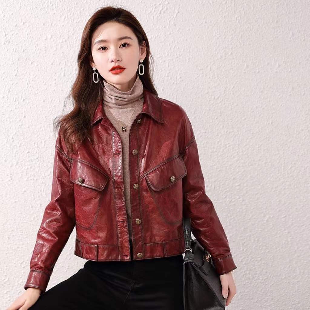 Genuine Cowhide Leather Jacket Women Oil Wax Distressed Short Jacket