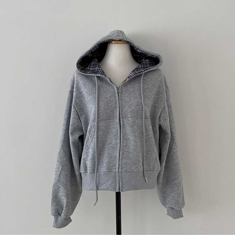 Relaxed and loose checkered plain-colored zipper long-sleeved hoodie