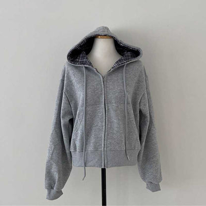 Relaxed and loose checkered plain-colored zipper long-sleeved hoodie