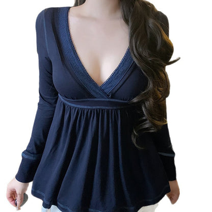 Womens V-Neck Lace Long Sleeve T-Shirt