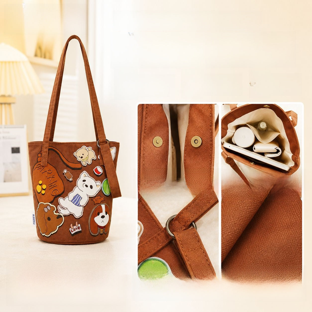 Printed Canvas Crossbody Bucket Bag