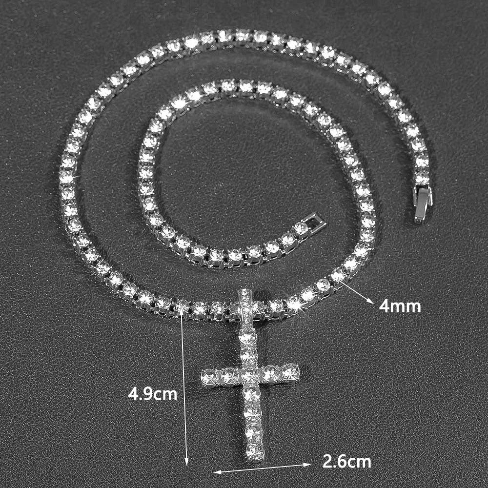 Hip Hop Rhinestone Cross Pendant Necklace 4mm Chain Unisex