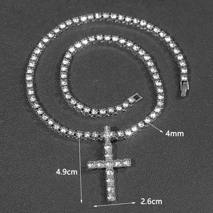 Hip Hop Rhinestone Cross Pendant Necklace 4mm Chain Unisex