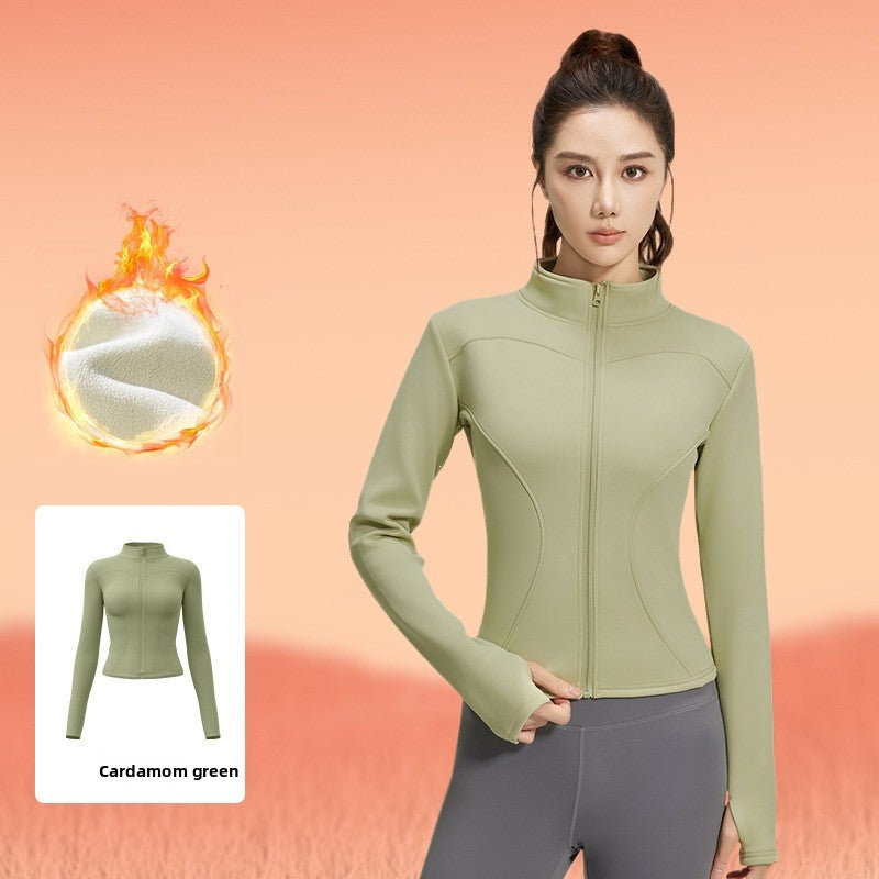 Women's fitted stretch yoga top with a stand-up collar