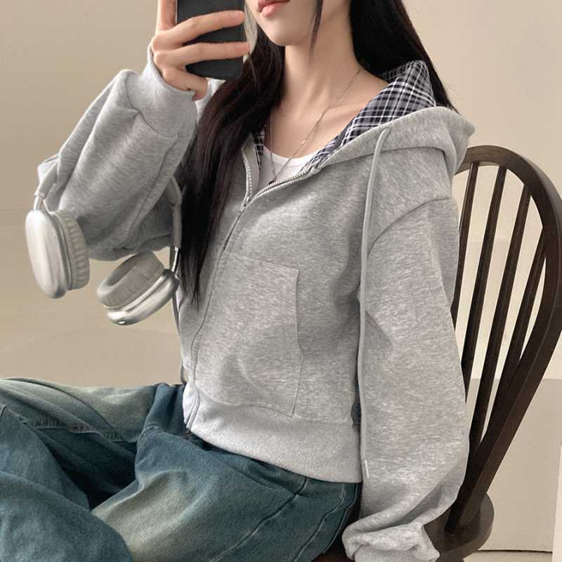 Relaxed and loose checkered plain-colored zipper long-sleeved hoodie