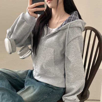 Relaxed and loose checkered plain-colored zipper long-sleeved hoodie