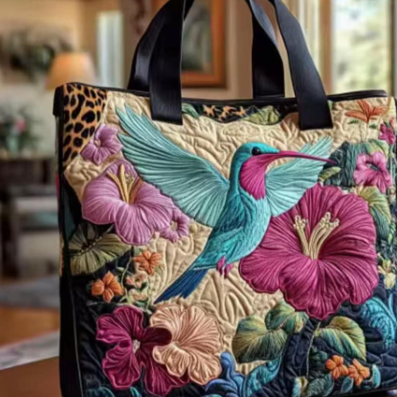 Handmade Embroidered Quilted Tote Bag with Jungle Animal and Book Patterns