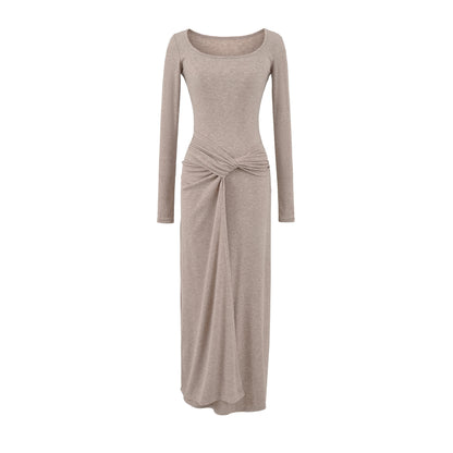 French Square Neck Twisted Waist Long Dress
