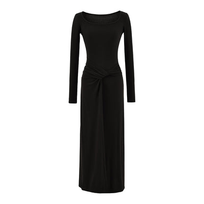 French Square Neck Twisted Waist Long Dress