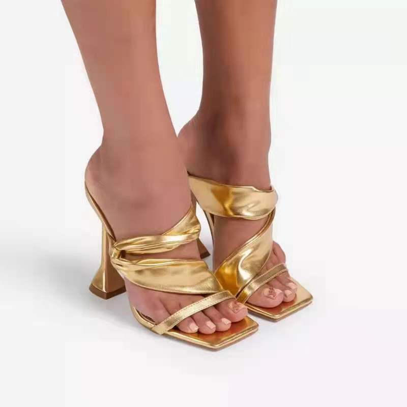 Womens High Heel Square Toe Slippers
