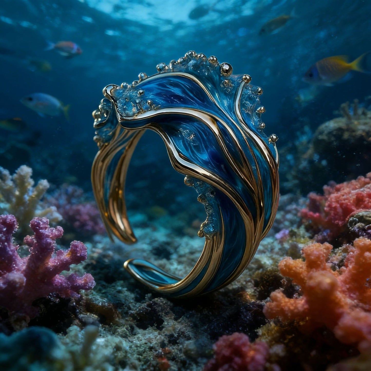 Blue and gold sea wave open ring