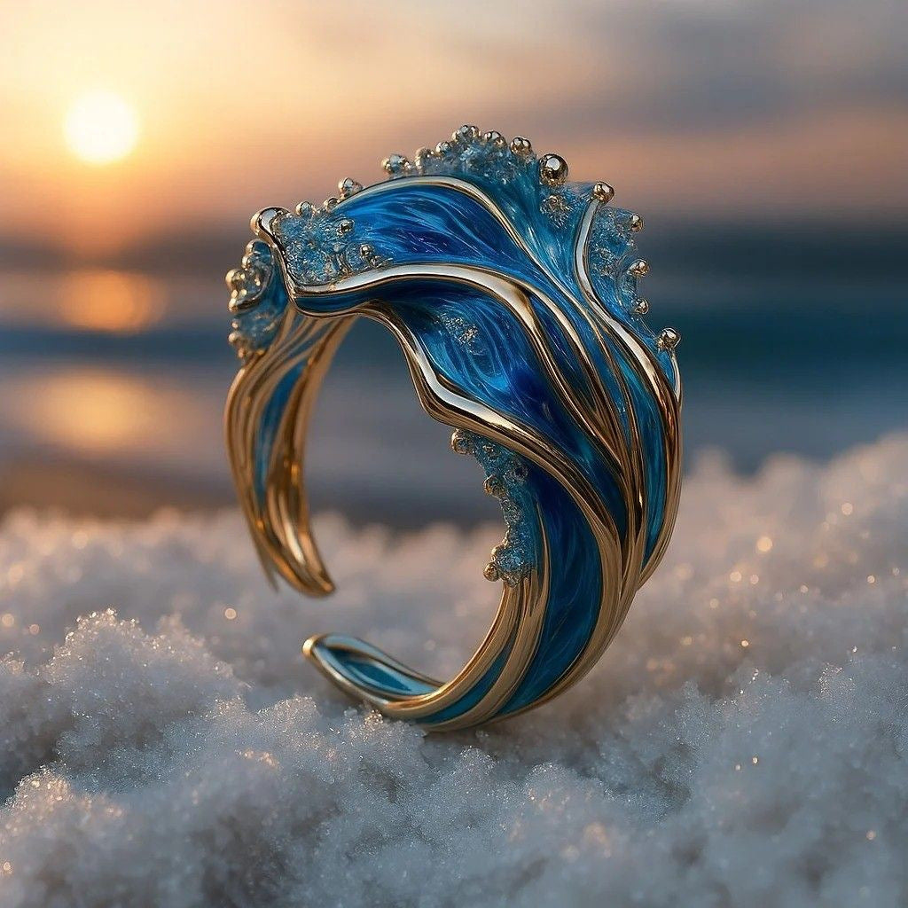 Blue and gold sea wave open ring