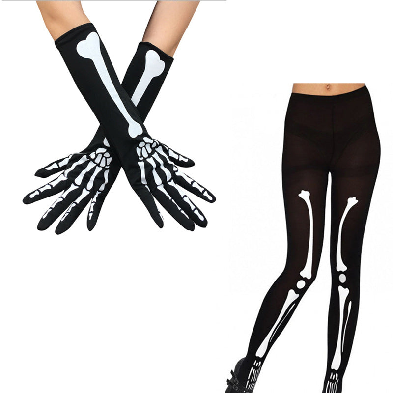 Halloween Skeleton Print Gloves and Socks Set