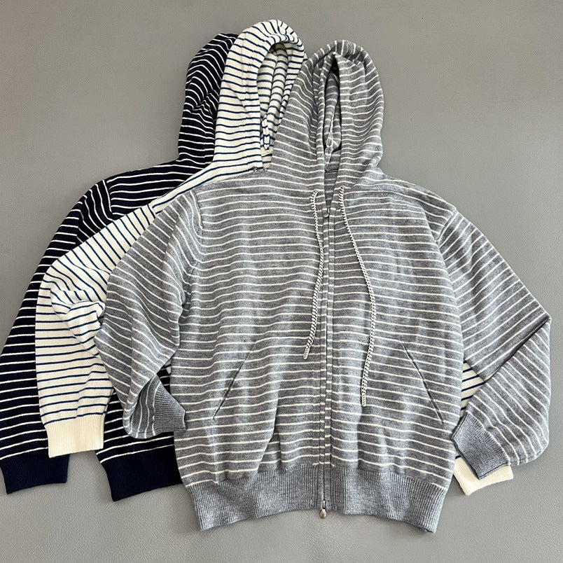 Women Casual Hooded Zip Up Striped Sweater