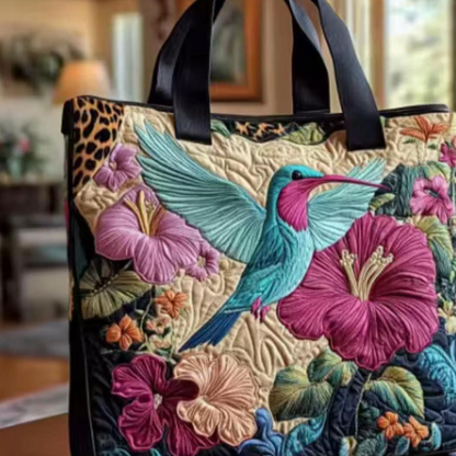 Handmade Embroidered Quilted Tote Bag with Jungle Animal and Book Patterns