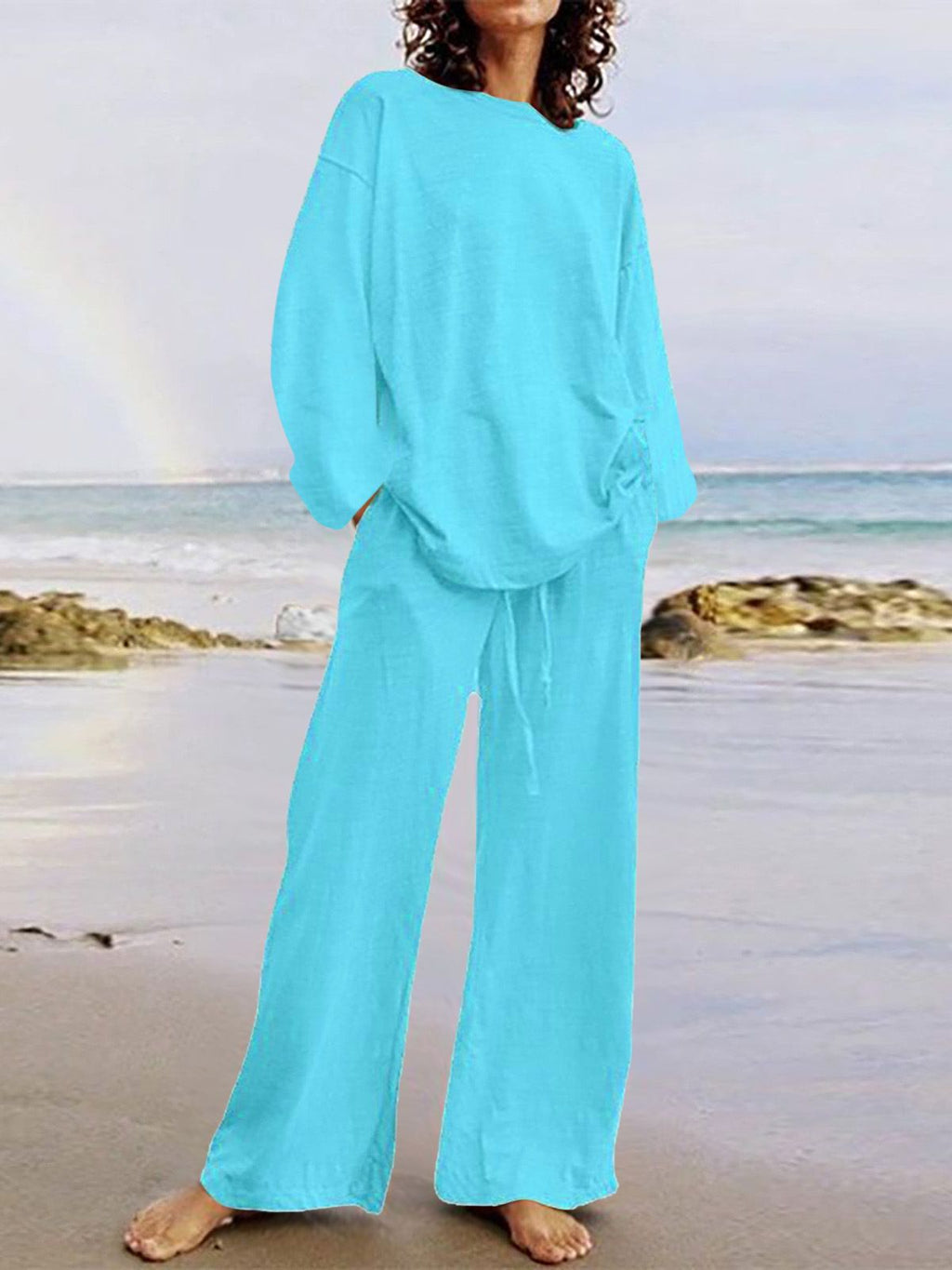 2024 European and American Cross-Border New Cotton and Linen Solid Color Two-Piece Suit Round Neck Long-Sleeved Top Drawstring Wide-Leg Long Style