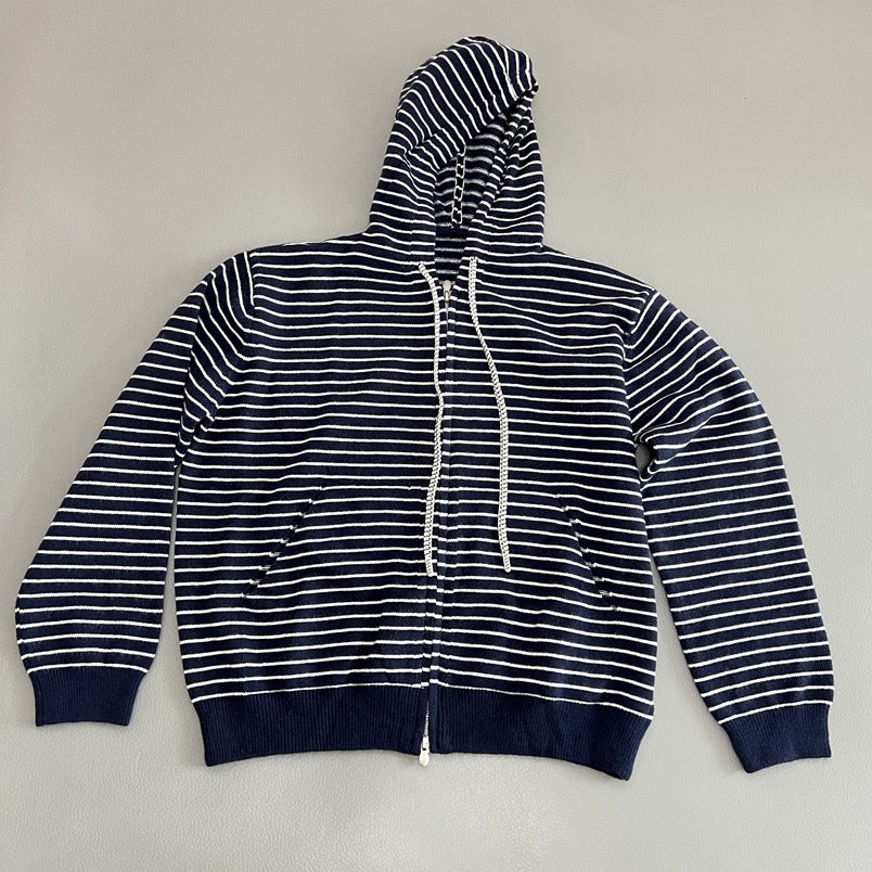Women Casual Hooded Zip Up Striped Sweater
