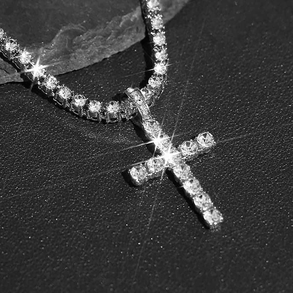 Hip Hop Rhinestone Cross Pendant Necklace 4mm Chain Unisex