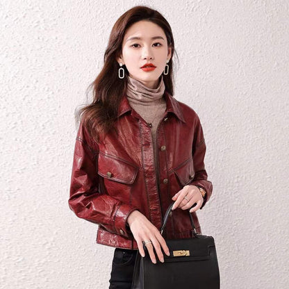 Genuine Cowhide Leather Jacket Women Oil Wax Distressed Short Jacket