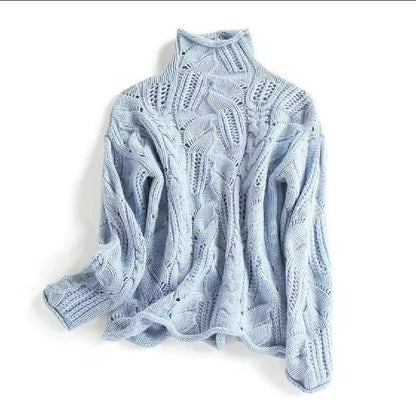 Loose Ribbed Cable Knit Sweater High-Neck Thickened Knitted Sweater for Women