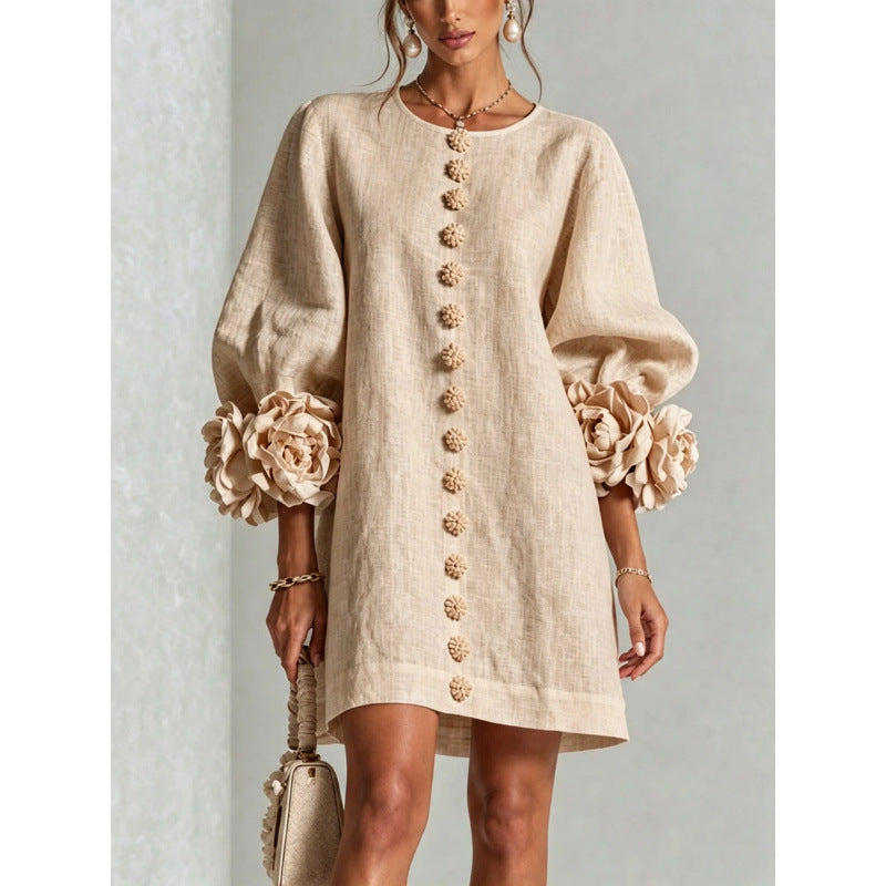 Womens Floral Applique Lantern Sleeve A-Line Dress