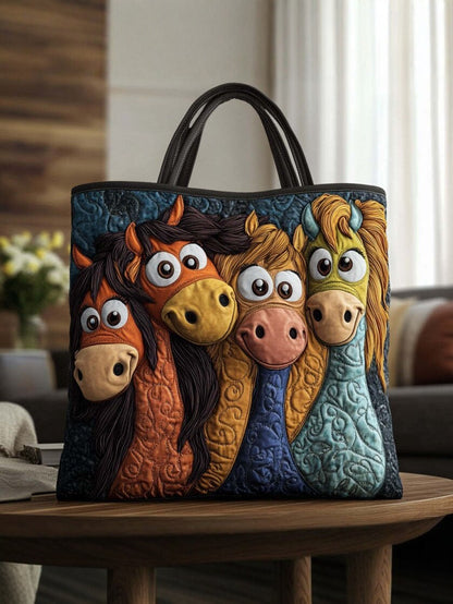 Handmade Embroidered Quilted Tote Bag with Jungle Animal and Book Patterns