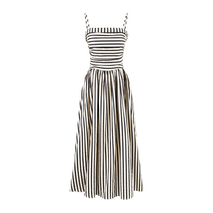 French Spliced Striped Suspender Dress with Pleated Waist