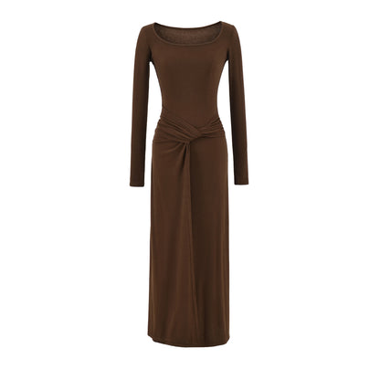 French Square Neck Twisted Waist Long Dress