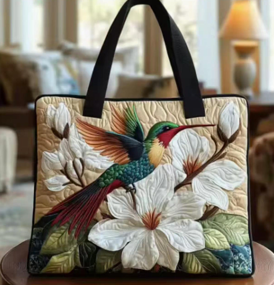 Handmade Embroidered Quilted Tote Bag with Jungle Animal and Book Patterns