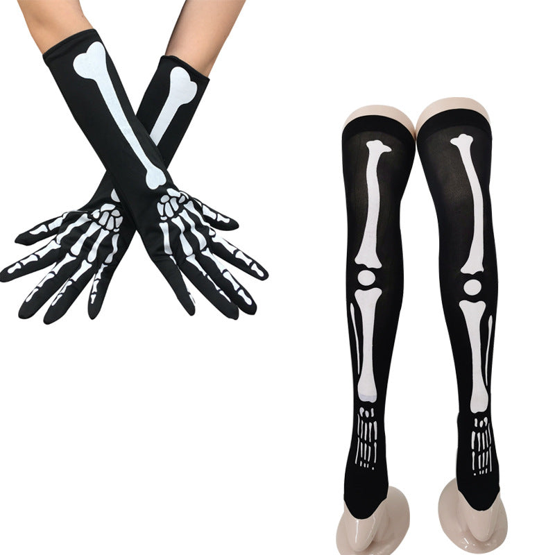 Halloween Skeleton Print Gloves and Socks Set