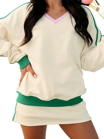 Women's Loose Fit Color-Block Hoodie Skirt Set
