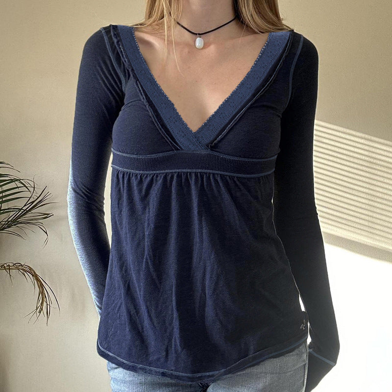 Womens V-Neck Lace Long Sleeve T-Shirt