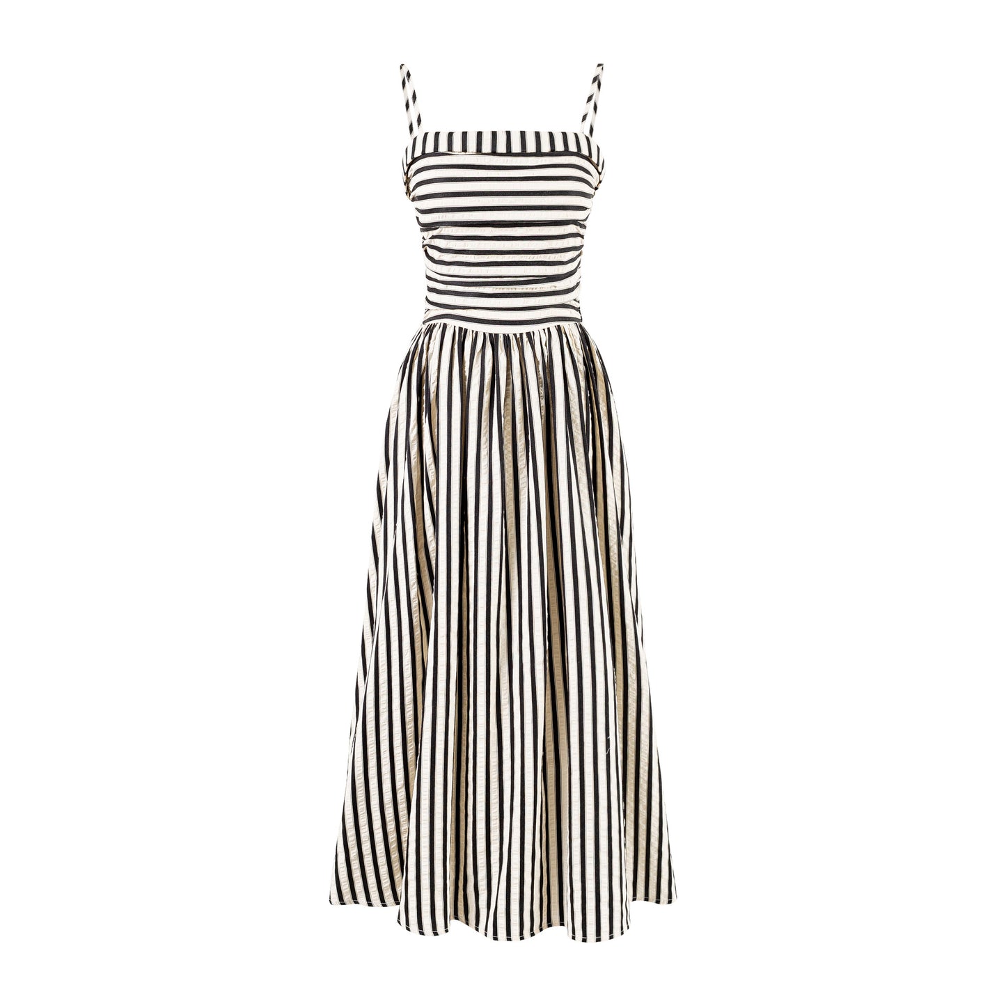 French Spliced Striped Suspender Dress with Pleated Waist