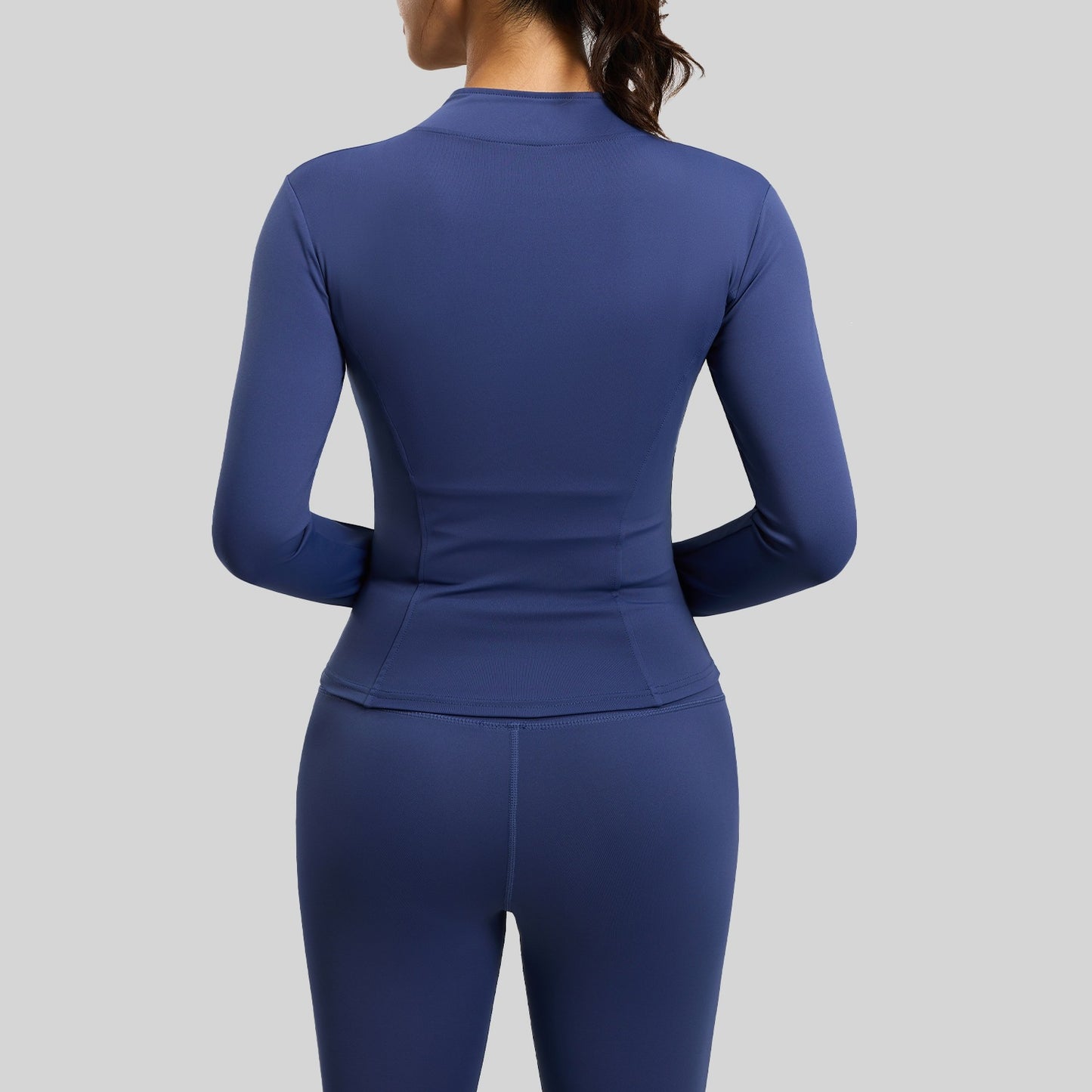 Women's fitted stretch yoga top with a stand-up collar