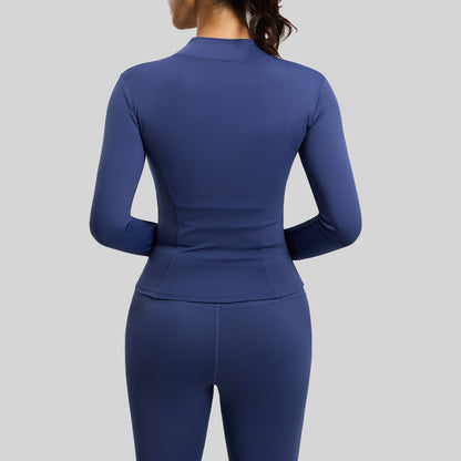 Women's fitted stretch yoga top with a stand-up collar