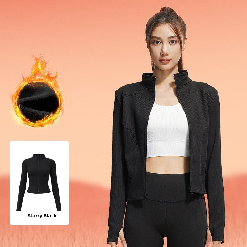 Women's fitted stretch yoga top with a stand-up collar