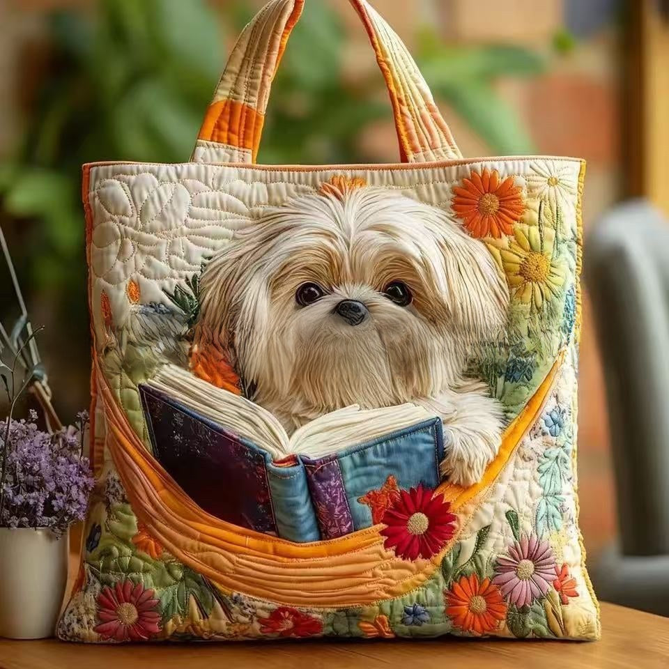 Handmade Embroidered Quilted Tote Bag with Jungle Animal and Book Patterns