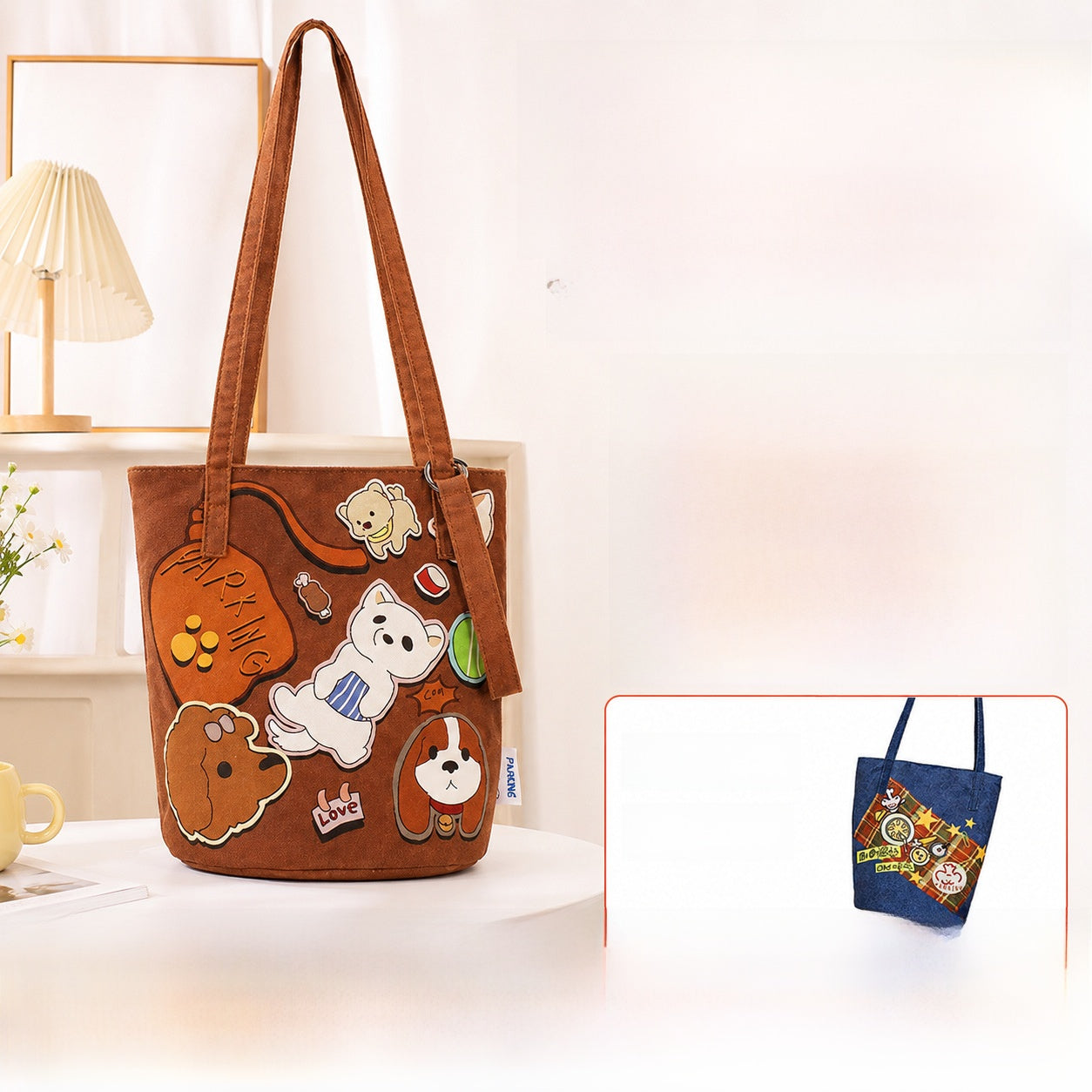 Printed Canvas Crossbody Bucket Bag