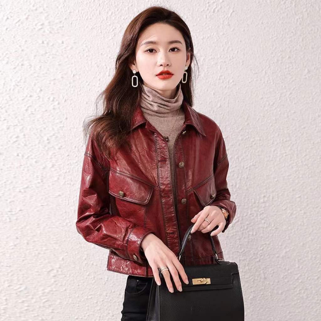 Genuine Cowhide Leather Jacket Women Oil Wax Distressed Short Jacket