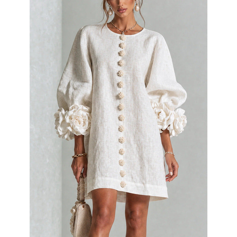 Womens Floral Applique Lantern Sleeve A-Line Dress