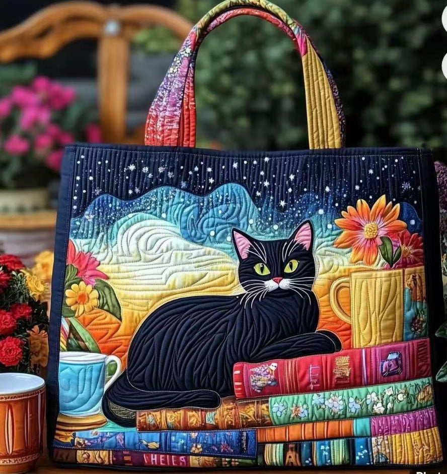 Handmade Embroidered Quilted Tote Bag with Jungle Animal and Book Patterns